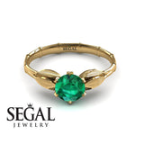 Unique Engagement Ring 14K Yellow Gold Bamboo Leafs Vintage Green Emerald 