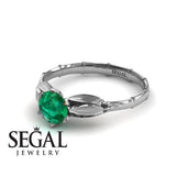 Unique Engagement Ring 14K White Gold Bamboo Leafs Vintage Green Emerald 