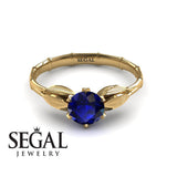 Unique Engagement Ring 14K Yellow Gold Bamboo Leafs Vintage Sapphire 