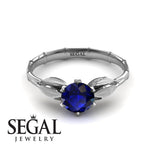 Unique Engagement Ring 14K White Gold Bamboo Leafs Vintage Sapphire 