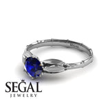 Unique Engagement Ring 14K White Gold Bamboo Leafs Vintage Sapphire 