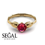 Unique Engagement Ring 14K Yellow Gold Bamboo Leafs Vintage Ruby 