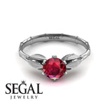 Unique Engagement Ring 14K White Gold Bamboo Leafs Vintage Ruby 