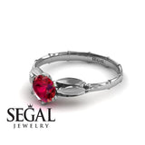 Unique Engagement Ring 14K White Gold Bamboo Leafs Vintage Ruby 