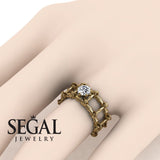 Unique Engagement Ring 14K Yellow Gold Bamboo Vintage Art Deco Diamond 