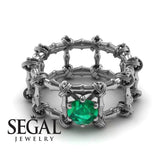 Unique Engagement Ring 14K White Gold Bamboo Vintage Art Deco Green Emerald 