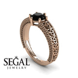 Unique Art Deco Engagement ring 14K Rose Gold Victorian FiligreeBlack Diamond 