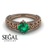 Unique Art Deco Engagement ring 14K Rose Gold Victorian FiligreeGreen Emerald 