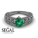 Unique Art Deco Engagement ring 14K White Gold Victorian FiligreeGreen Emerald 