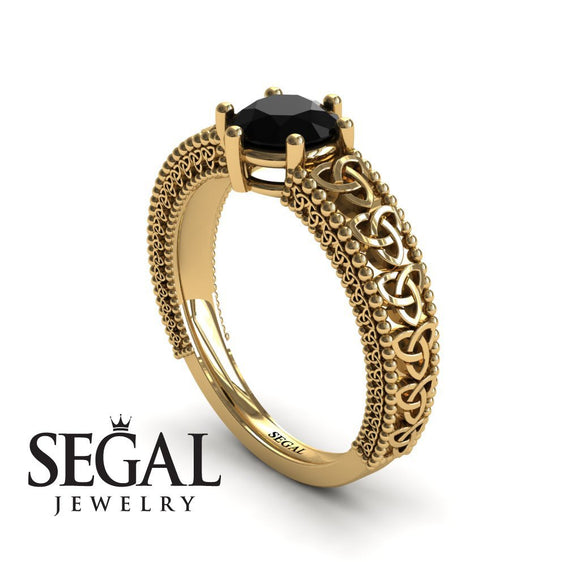 Unique Art Deco Engagement ring 14K Yellow Gold Victorian FiligreeBlack Diamond 