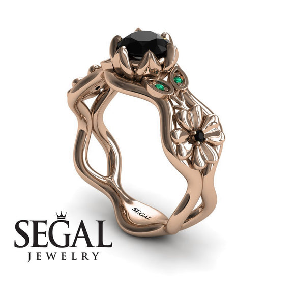 Unique Cocktail Engagement ring 14K Rose Gold Flowers RingAnd Leafs Vintage Ring Art DecoBlack Diamond And Green Emerald
