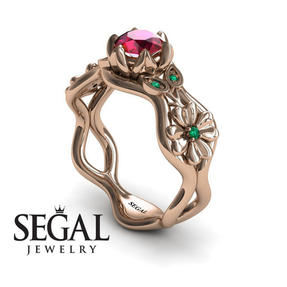 Unique Cocktail Engagement ring 14K Rose Gold Flowers RingAnd Leafs Vintage Ring Art DecoRuby With Green Emerald 