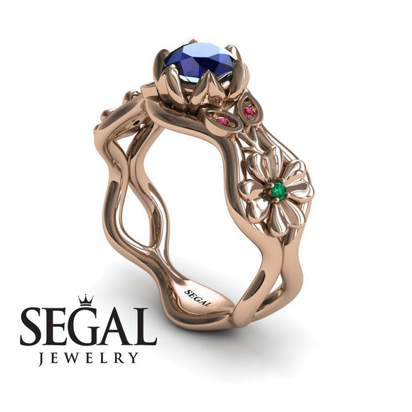Unique Cocktail Engagement ring 14K Rose Gold Flowers RingAnd Leafs Vintage Ring Art DecoSapphire With Green Emerald And Ruby 