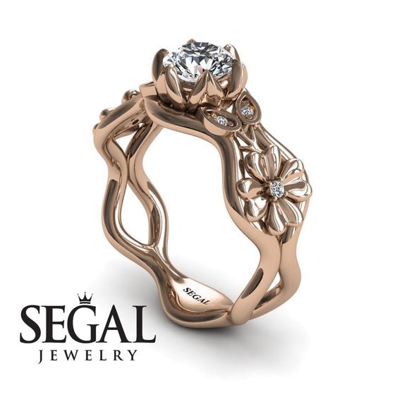 Unique Cocktail Engagement ring 14K Rose Gold Flowers RingAnd Leafs Vintage Ring Art DecoDiamond 