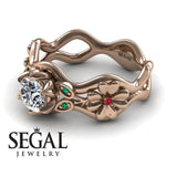 Unique Cocktail Engagement ring 14K Rose Gold Flowers RingAnd Leafs Vintage Ring Art DecoDiamond With Ruby And Green Emerald