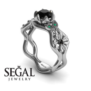 Unique Cocktail Engagement ring 14K White Gold Flowers RingAnd Leafs Vintage Ring Art DecoBlack Diamond And Green Emerald