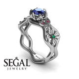 Unique Cocktail Engagement ring 14K White Gold Flowers RingAnd Leafs Vintage Ring Art DecoSapphire With Green Emerald And Ruby 