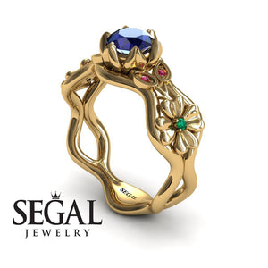 Unique Cocktail Engagement ring 14K Yellow Gold Flowers RingAnd Leafs Vintage Ring Art DecoSapphire With Green Emerald And Ruby 