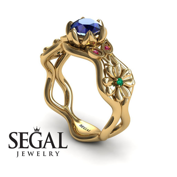 Unique Cocktail Engagement ring 14K Yellow Gold Flowers RingAnd Leafs Vintage Ring Art DecoSapphire With Green Emerald And Ruby 