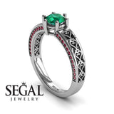 Unique Edwardian Engagement ring 14K White Gold Vintage Ring Edwardian Green Emerald With Ruby 