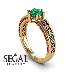 Unique Edwardian Engagement ring 14K Yellow Gold Vintage Ring Edwardian Green Emerald With Ruby 