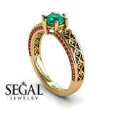 Unique Edwardian Engagement ring 14K Yellow Gold Vintage Ring Edwardian Green Emerald With Ruby 