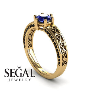 Unique Edwardian Engagement ring 14K Yellow Gold Vintage Ring Edwardian Sapphire With Black Diamond 