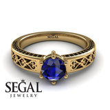 Unique Edwardian Engagement ring 14K Yellow Gold Vintage Ring Edwardian Sapphire With Black Diamond 