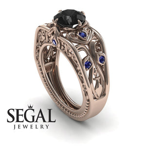 Unique Engagement Ring 14K Rose Gold Art Deco FiligreeBlack Diamond With Sapphire 