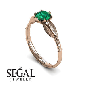 Unique Engagement Ring 14K Rose Gold Bamboo Leafs Vintage Green Emerald 