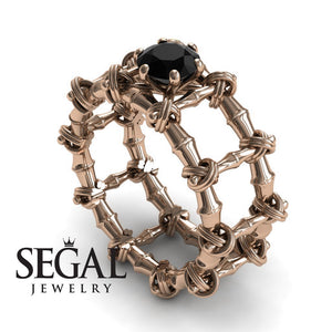 Unique Engagement Ring 14K Rose Gold Bamboo Vintage Art Deco Black Diamond 