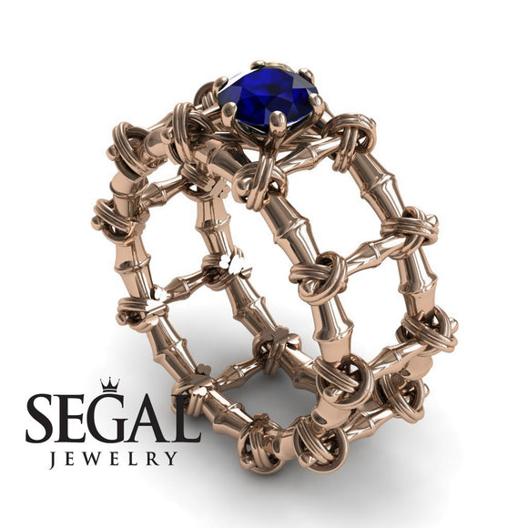 Unique Engagement Ring 14K Rose Gold Bamboo Vintage Art Deco Sapphire 