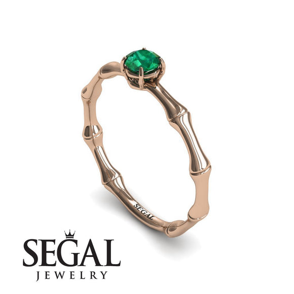 Unique Engagement Ring 14K Rose Gold Bamboo Vintage Green Emerald 