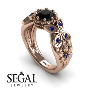 Unique Engagement Ring 14K Rose Gold Butterfly And Flowers Vintage Black Diamond With Sapphire 