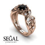 Unique Engagement Ring 14K Rose Gold Butterfly And Flowers Vintage Black Diamond With Diamond 