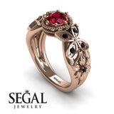 Unique Engagement Ring 14K Rose Gold Butterfly And Flowers Vintage Ruby With Black Diamond 