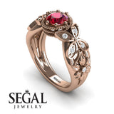 Unique Engagement Ring 14K Rose Gold Butterfly And Flowers Vintage Ruby With Diamond 