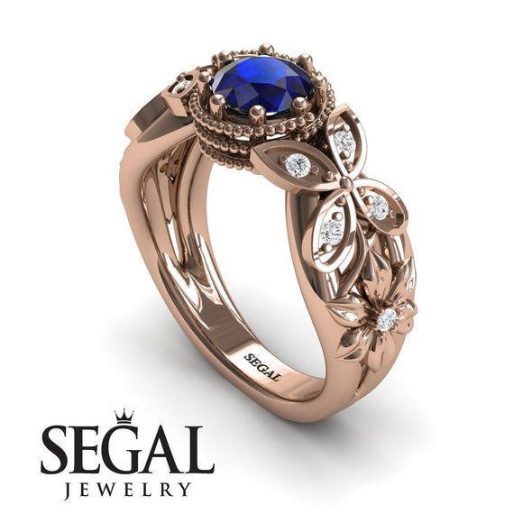 Unique Engagement Ring 14K Rose Gold Butterfly And Flowers Vintage Sapphire With Diamond 