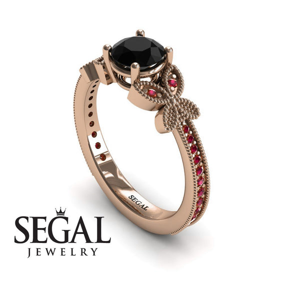 Unique Engagement Ring 14K Rose Gold Butterfly Victorian Edwardian Black Diamond With Ruby 