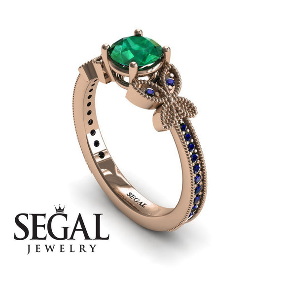 Unique Engagement Ring 14K Rose Gold Butterfly Victorian Edwardian Green Emerald With Sapphire 