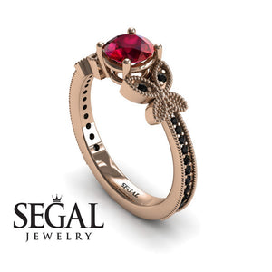 Unique Engagement Ring 14K Rose Gold Butterfly Victorian Edwardian Ruby With Black Diamond 