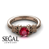 Unique Engagement Ring 14K Rose Gold Butterfly Victorian Edwardian Ruby With Black Diamond 