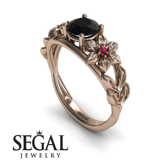 Unique Engagement Ring 14K Rose Gold Floral Flowers And Leafs Vintage Art Deco Black Diamond With Ruby 
