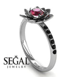 Unique Engagement Ring 14K White Gold Flower Ruby With Black Diamond 