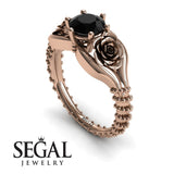 Unique Engagement Ring 14K Rose Gold Flower Vintage Black Diamond 