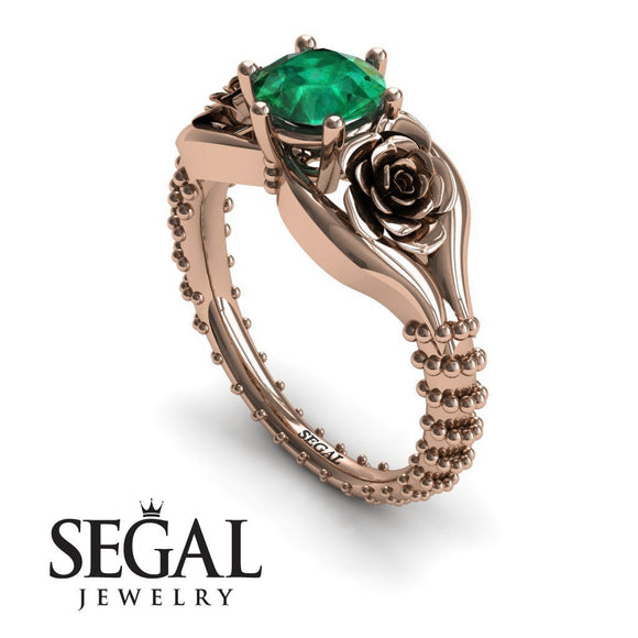Unique Engagement Ring 14K Rose Gold Flower Vintage Green Emerald 