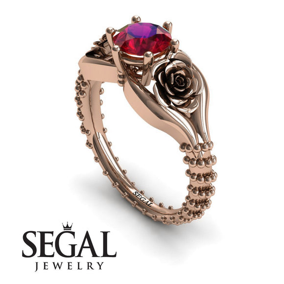 Unique Engagement Ring 14K Rose Gold Flower Vintage Ruby 