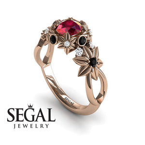 Unique Engagement Ring 14K Rose Gold Flowers And Branches Art Deco Edwardian Ruby With Black Diamond 