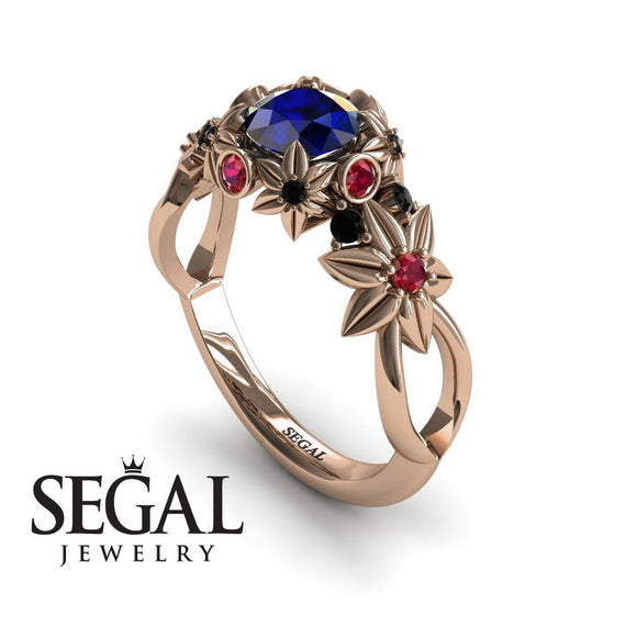 Unique Engagement Ring 14K Rose Gold Flowers And Branches Art Deco Edwardian Sapphire With Ruby 