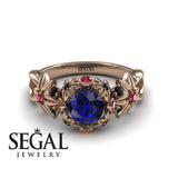 Unique Engagement Ring 14K Rose Gold Flowers And Branches Art Deco Edwardian Sapphire With Ruby 